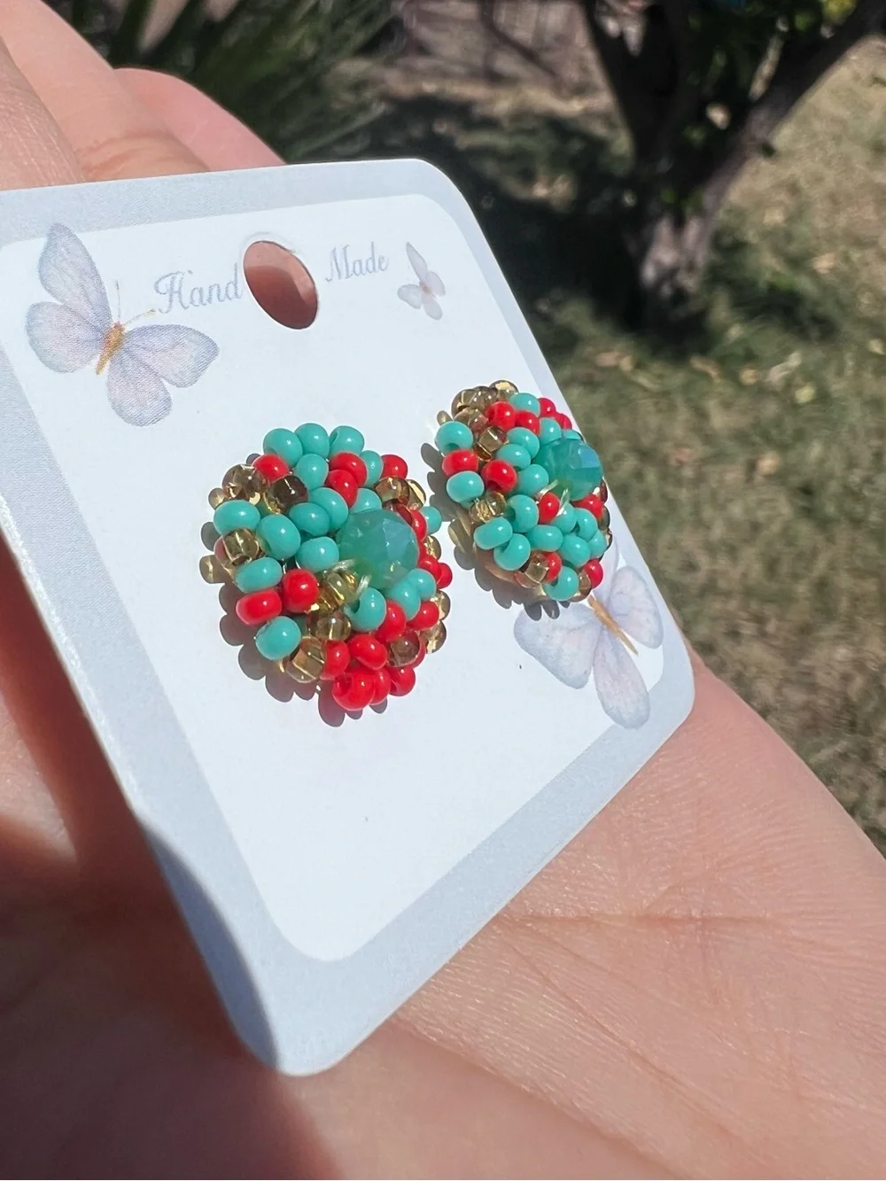Handmade Beaded Flower Stud Earrings - Turquoise & Red